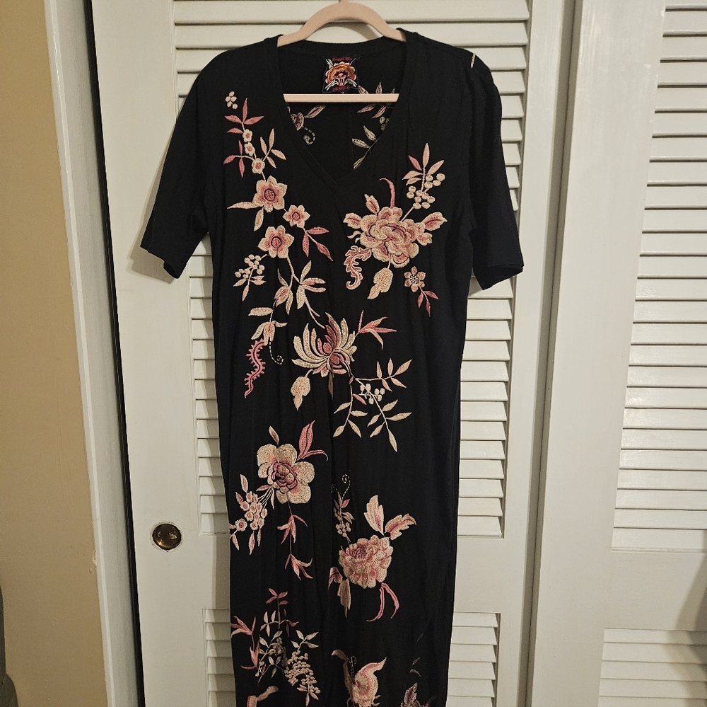 Johnny Was Floral Embroidered Black Dress Butterfly Pink & Floral